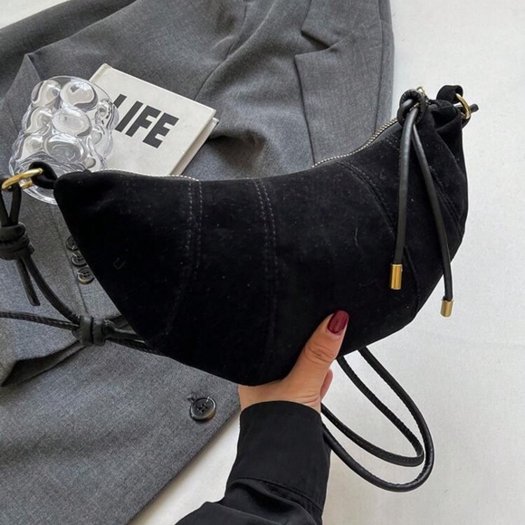 Handbags - Black Suede Crescent Moon Shoulder Bag with Gold Hardware | NWT